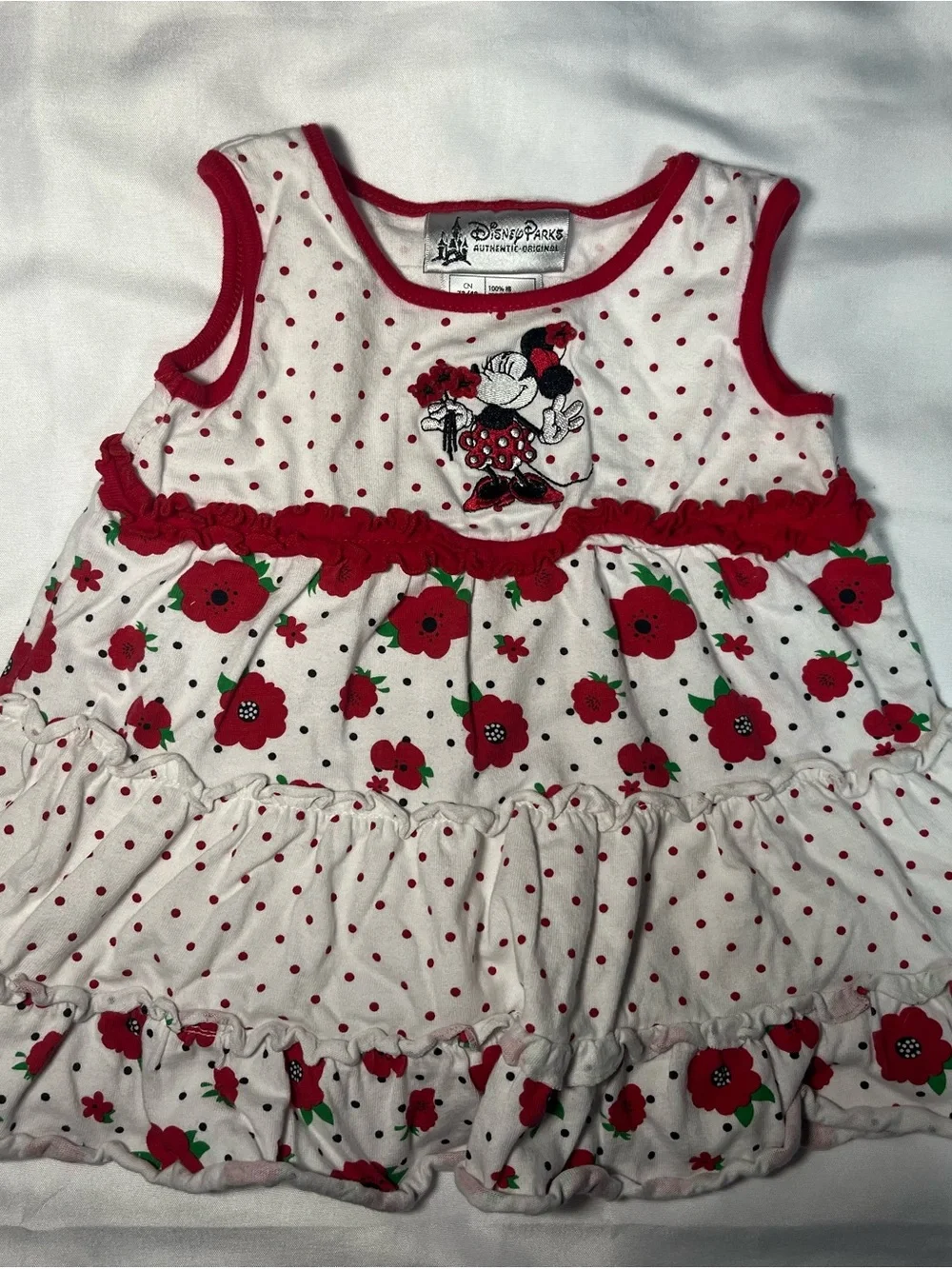 Disney Parks Minnie Mouse Dress Size 12M Red White Floral Polka Dot‎ Sleeveless